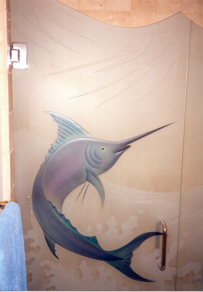 Etched Glass Frosted Shower Doors With Design The Frosted Dolphin Or Wave Design