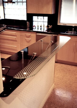 Glass Counter featuring a Frosted Glass Geometric Design Sandblast Etched Glass Checkerboard Design by Sans Soucie
