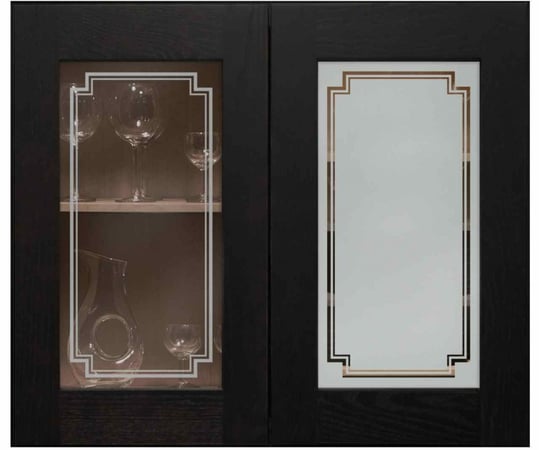 Cabinet Glass featuring Frosted Glass Design Etched Glass by Sans Soucie Art Glass with Custom Borders Design Basic Stepped Corners Border