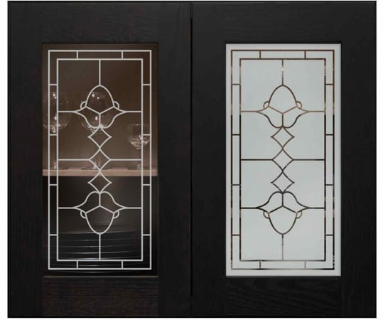 Cabinet Glass featuring a Frosted Glass Traditional Design Sandblast Etched Glass Faux Leaded 08 Design by Sans Soucie