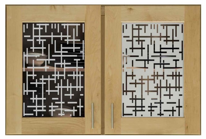 Cabinet Glass featuring Frosted Glass Design Etched Glass by Sans Soucie Art Glass with Custom Patterns Design Grid Pattern