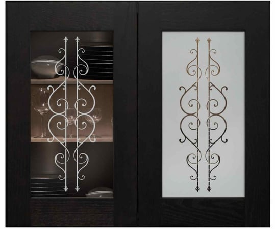 Cabinet Glass showcasing a Frosted Glass Wrought Iron Design with Sandblast Etched Glass Art by Sans Soucie Zamora Design