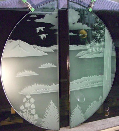 Door Glass Insert with a Frosted Glass Geese over the Lake Landscapes Design for Semi-Private by Sans Soucie Art Glass
