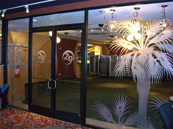 Interior Glass Insert with a Frosted Glass Fan Palm Palm Trees Design for Semi-Private by Sans Soucie Art Glass