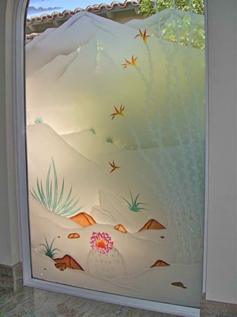 Window with a Frosted Glass Mountains Foliage Ocotillo Desert Design for Semi-Private by Sans Soucie Art Glass