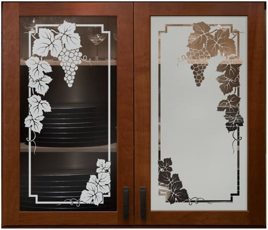 Cabinet Glass featuring a Frosted Glass Grapes & Ivy Design Sandblast Etched Glass Vineyard Grapes Garland Design by Sans Soucie