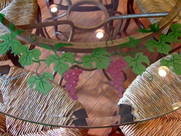 Glass Dining Table featuring a Frosted Glass Grapes & Ivy Design Sandblast Etched Glass Vineyard Grapes Garland Design by Sans Soucie