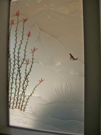 Window showcasing a Frosted Glass Desert Design with Sandblast Etched Glass Art by Sans Soucie Ocotillo Coyote Design