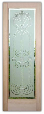 Front Door featuring Frosted Glass Design Etched Glass by Sans Soucie Art Glass with Custom Wrought Iron Design Iron Bars