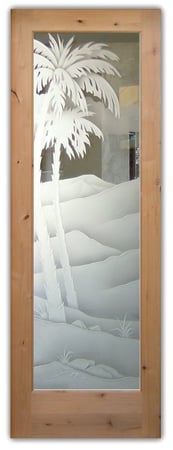 Front Door with a sandblast Frosted Glass Palm Trees Design Custom-Designed Decorative Etched Glass