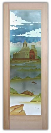 Pantry Door with a Frosted Glass California Xavier Mission Landscapes Design for Private by Sans Soucie Art Glass