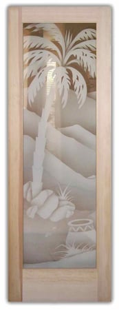 Front Door with a sandblast Frosted Glass Palm Trees Design Custom-Designed Decorative Etched Glass