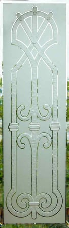 Door Glass Insert featuring Frosted Glass Design Etched Glass by Sans Soucie Art Glass with Custom Wrought Iron Design Iron Bars