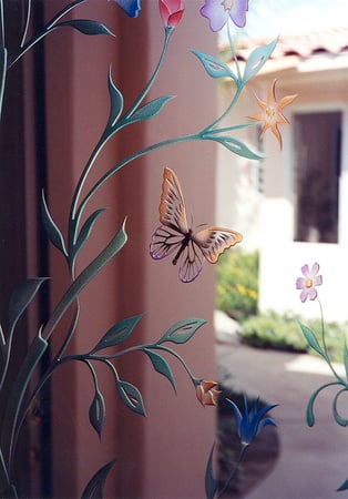 Door Glass Insert showcasing a Frosted Glass Floral Design with Sandblast Etched Glass Art by Sans Soucie Springtime Flutter Design