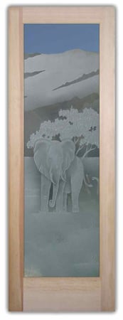 Pantry Door showcasing a Frosted Glass Wildlife Design with Sandblast Etched Glass Art by Sans Soucie Elephants in the Wild Design