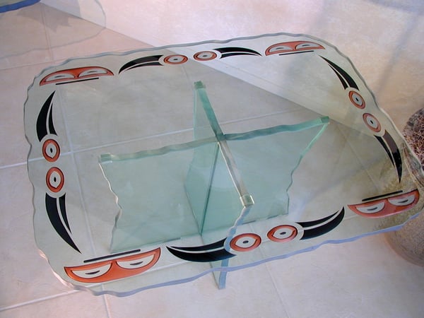 Table Base featuring Frosted Glass Design Etched Glass by Sans Soucie Art Glass with Custom Geometric Design X Base UV Glued
