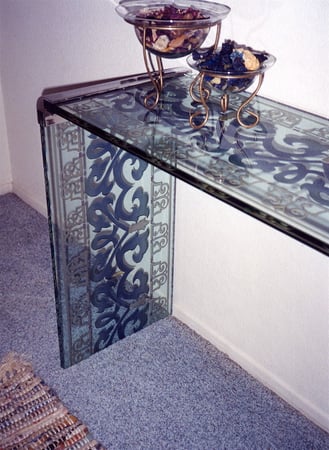 Glass Coffee Table featuring a Frosted Glass Traditional Design Sandblast Etched Glass Royal Iron  Design by Sans Soucie