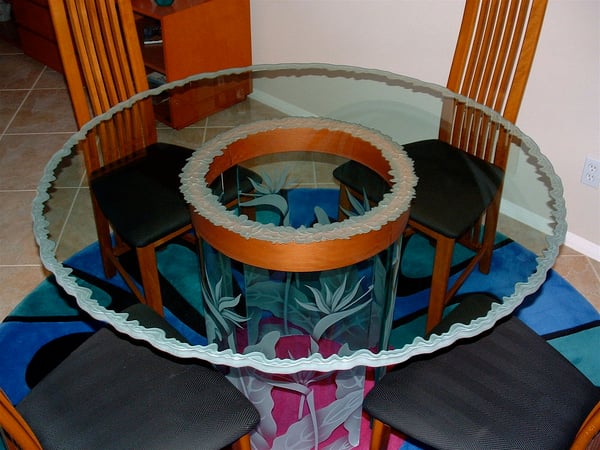 Table Base showcasing a Frosted Glass Geometric Design with Sandblast Etched Glass Art by Sans Soucie Curved Glass Design