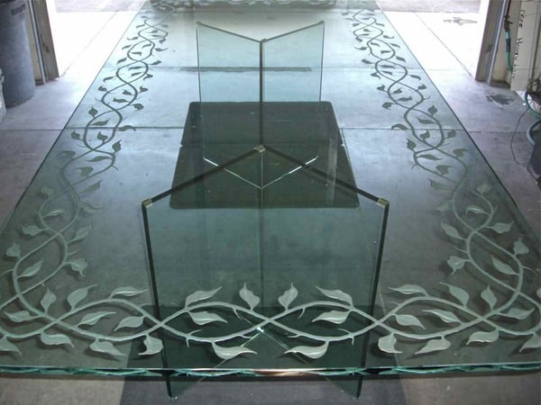 Table Base featuring Frosted Glass Design Etched Glass by Sans Soucie Art Glass with Custom Geometric Design V Base UV Glued