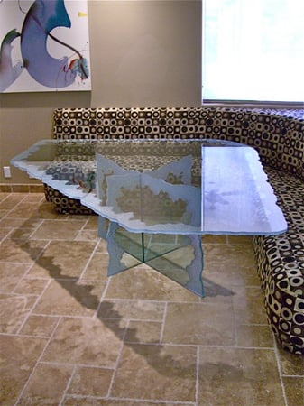 Glass Coffee Table with a Frosted Glass Moonscape Edge Abstract Design for Not Private by Sans Soucie Art Glass