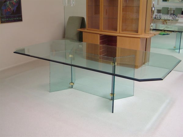 Table Base showcasing a Frosted Glass Geometric Design with Sandblast Etched Glass Art by Sans Soucie V Base Connectors Center Panel Design