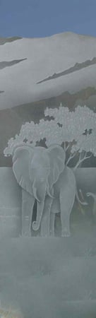 Door Glass Insert showcasing a Frosted Glass Wildlife Design with Sandblast Etched Glass Art by Sans Soucie Elephants in the Wild Design