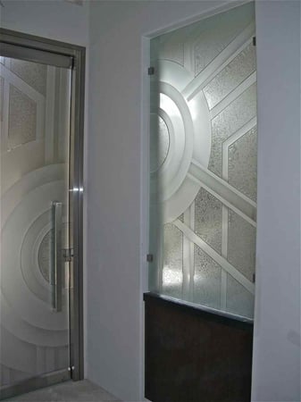Window with a Frosted Glass Sun Odyssey IX Geometric Design for Semi-Private by Sans Soucie Art Glass