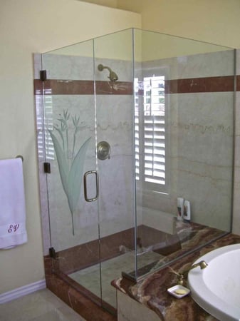 Shower Enclosure featuring a Frosted Glass Tropical Design Sandblast Etched Glass Bird of Paradise Design by Sans Soucie