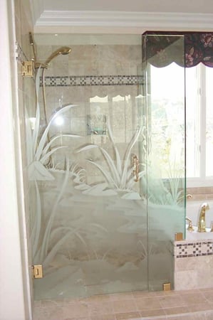 Shower Enclosure featuring Frosted Glass Design Etched Glass by Sans Soucie Art Glass with Custom Foliage Design Flowing Streams