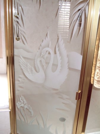 Shower Enclosure featuring a Frosted Glass Wildlife Design Sandblast Etched Glass Swan Song Design by Sans Soucie