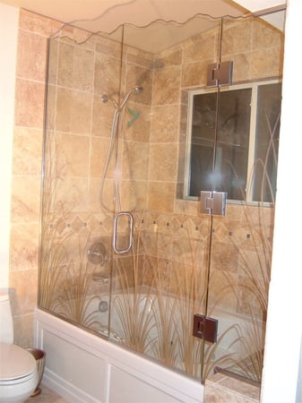 Shower Enclosure with Frosted Glass Foliage Wispy Reeds Design by Sans Soucie