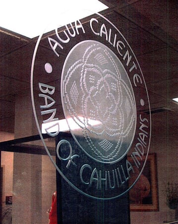Glass Sign showcasing a Frosted Glass Logos Design with Sandblast Etched Glass Art by Sans Soucie Agua Caliente (similar look) Design