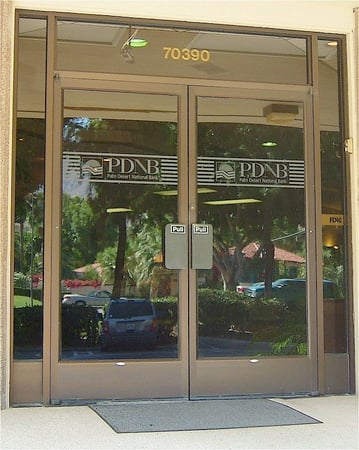 Interior Glass Insert showcasing a Frosted Glass Logos Design with Sandblast Etched Glass Art by Sans Soucie Palm Desert National Bank (similar look) Design