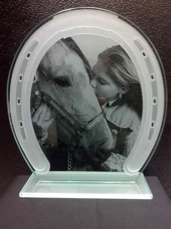 Glass Plaque Award featuring Frosted Glass Design Etched Glass by Sans Soucie Art Glass with Custom Wildlife Design Girl and Her Horse (similar look)