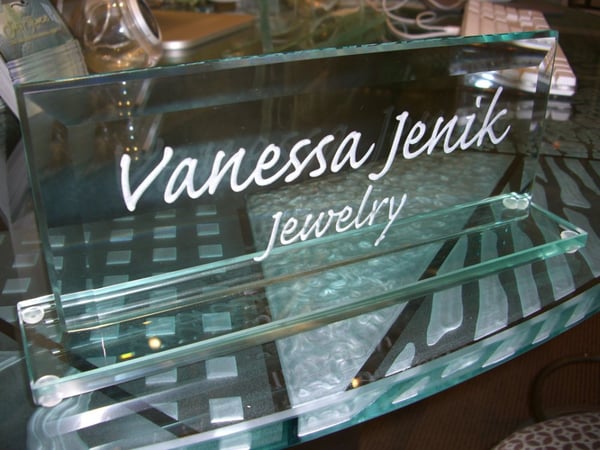 Glass Plaque Award featuring a Frosted Glass Logos Design Sandblast Etched Glass Vanessa Jenkins (similar look) Design by Sans Soucie