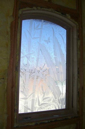 Window with a Frosted Glass Banana Leaves Bamboo Asian Design for Semi-Private by Sans Soucie Art Glass
