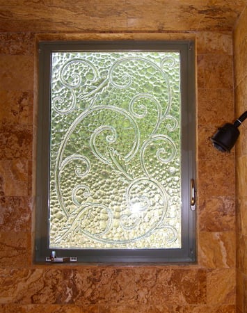 Window with a sandblast Frosted Glass Wrought Iron Design Custom-Designed Decorative Etched Glass
