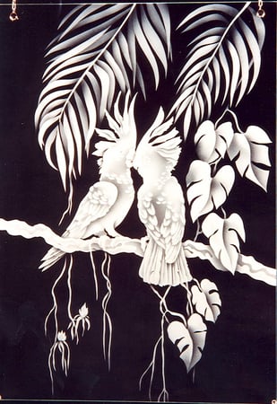 Window featuring Frosted Glass Design Etched Glass by Sans Soucie Art Glass with Custom Tropical Design Cockatoos