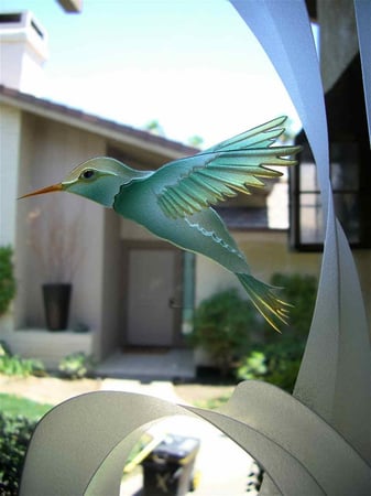 Window featuring Frosted Glass Design Etched Glass by Sans Soucie Art Glass with Custom Wildlife Design Hummingbird Curiosity