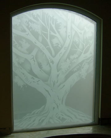 Window with a sandblast Frosted Glass Trees Design Custom-Designed Decorative Etched Glass