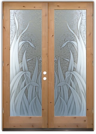 Pantry Door featuring Frosted Glass Design Etched Glass by Sans Soucie Art Glass with Custom Foliage Design Reeds