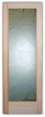 Bathroom Door featuring a Frosted Glass Tropical Design Sandblast Etched Glass Banana Leaves Design by Sans Soucie