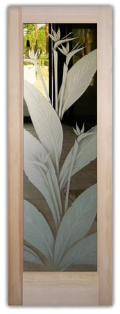 Front Door featuring a Frosted Glass Tropical Design Sandblast Etched Glass Bird of Paradise Design by Sans Soucie