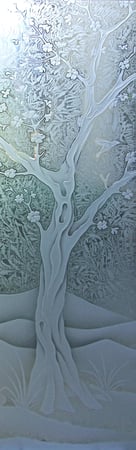 Interior Glass Insert featuring Frosted Glass Design Etched Glass by Sans Soucie Art Glass with Custom Asian Design Cherry Blossom III