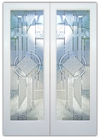 Pantry Door featuring a Frosted Glass Traditional Design Sandblast Etched Glass Matrix Chardonnay Design by Sans Soucie