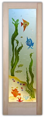 Pantry Door featuring a Frosted Glass Oceanic Design Sandblast Etched Glass Aquarium Fish Design by Sans Soucie