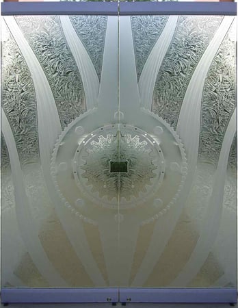 All Glass Front Door with a sandblast Frosted Glass Geometric Design Custom-Designed Decorative Etched Glass