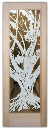 Front Door with a sandblast Frosted Glass Trees Design Custom-Designed Decorative Etched Glass