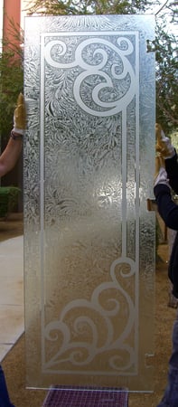 Shower Door featuring Frosted Glass Design Etched Glass by Sans Soucie Art Glass with Custom Wrought Iron Design Concorde