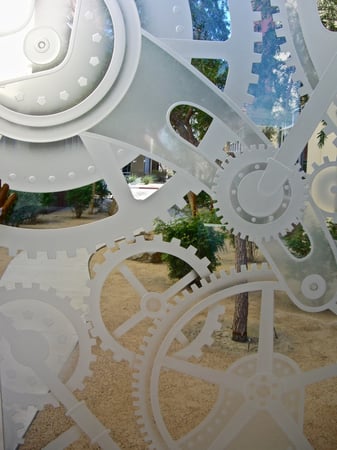 Partition featuring Frosted Glass Design Etched Glass by Sans Soucie Art Glass with Custom Geometric Design Gears